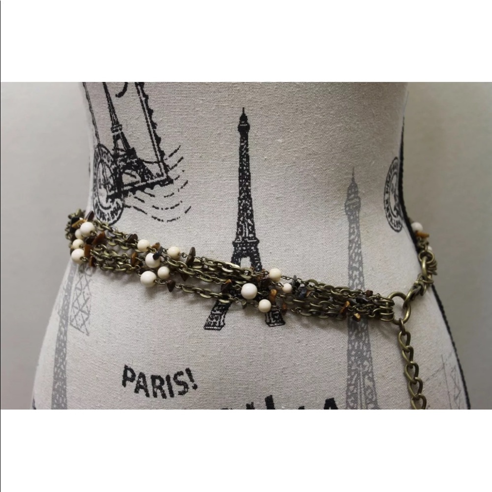 Vintage Metal Chain Women Belt Braided Stones Beads Antique Gold Chain Boho Chai